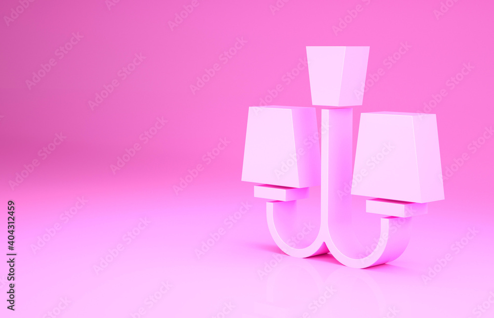 Pink Chandelier icon isolated on pink background. Minimalism concept. 3d illustration 3D render. Pink Chandelier icon isolated on pink background. Minimalism concept. 3d illustration 3D render.