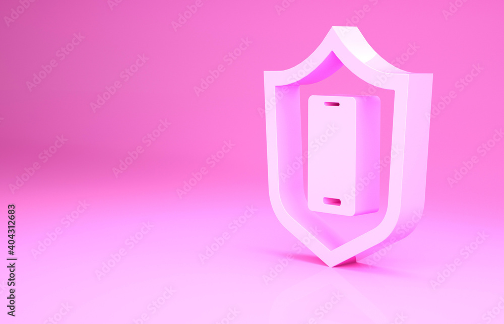 Pink Smartphone, mobile phone with security shield icon isolated on pink background. Security, safety, protection concept. Minimalism concept. 3d illustration 3D render. Pink Smartphone, mobile phone with security shield icon isolated on pink background. Security, safety, protection concept. Minimalism concept. 3d illustration 3D render.