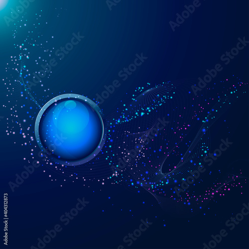 Abstract background composition. Bright splashes of dots on a blue background. Glass light blue sphere in a frame.