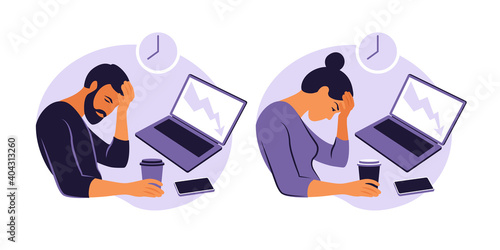Professional burnout syndrome. Illustration tired female and man office worker sitting at the table. Frustrated worker, mental health problems. Vector illustration in flat style.