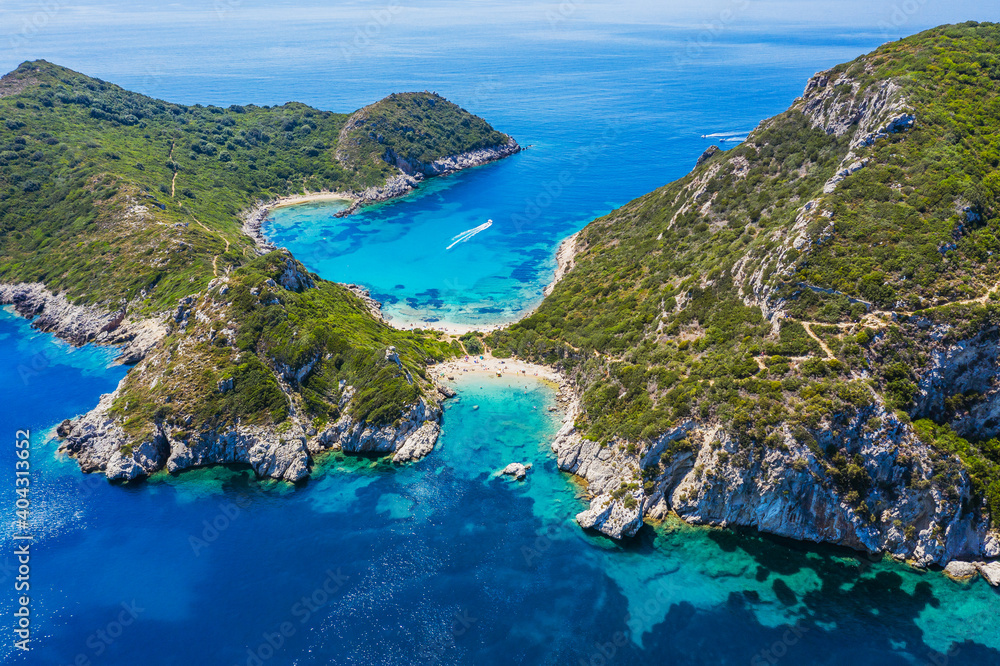 Obraz premium Corfu, Greece. Aerial view of Porto Timoni beach.
