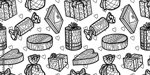 Valentines Day theme doodle coloring book. seamless antistress pattern of present box with a bow. Hand drawn for textile, Love wallpaper for boys and girls