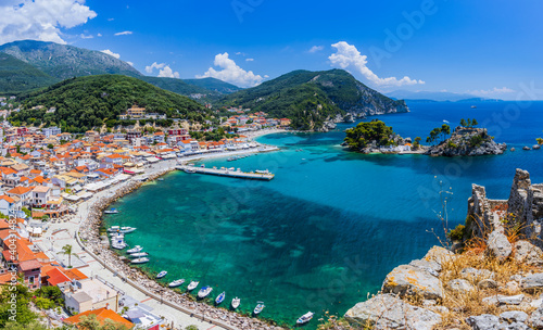 Parga, Greece. Aerial view of the resort town and island of Panagia.