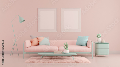 Living room.Design with pastel color.Sofa table carpet and pink wall.3d rendering