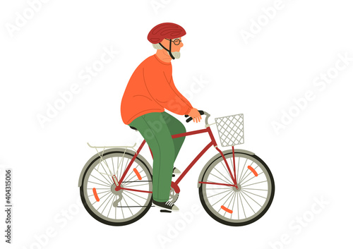Senior man in helmet riding bike. Bicycle with basket