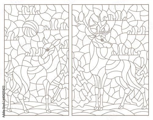 Set of contour illustrations in stained glass style with deer on landscape background, dark outlines on white background
