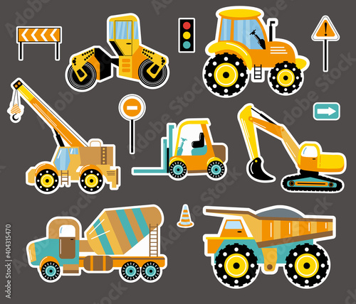 Construction machinery car stickers. Illustration for children.