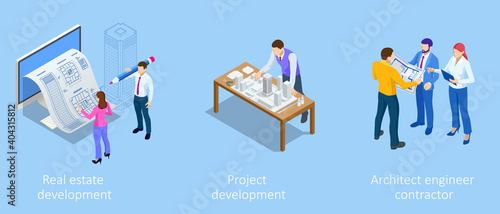Isometric Construction Project Management, Architectural Project Planning, Development and Approval. Scheme of House, Engineer industry. Construction Company Business.