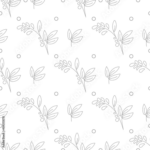 Seamless pattern with decorative leaves isolated on white. Twig with leaves, black lines. Vector delicate background. © MARINA