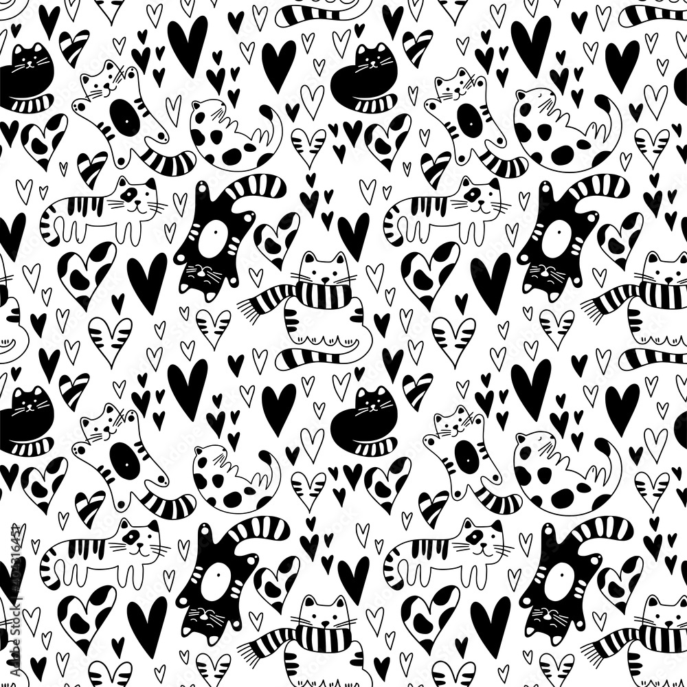 Fototapeta premium Vector Valentines Day pattern seamless cats and hearts black and white. Vector illustration
