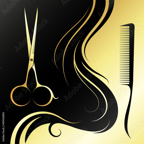 Design for beauty salon and stylist hairstyles banner. Gold scissors comb and hair curls