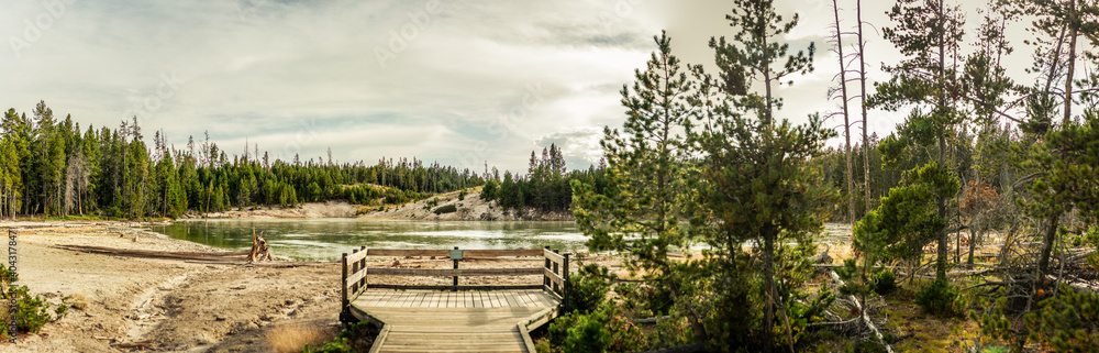 Panorama shot wooden view on sour lake in yellowstone national park at sunny day in america