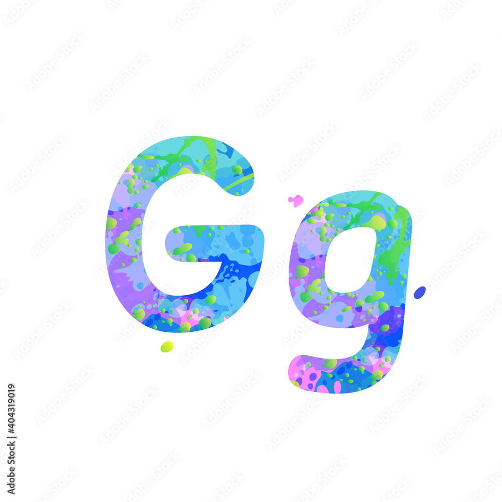 Letters G uppercase and lowercase with effect of liquid spots of paint in blue, green, pink colors, isolated on white background. Decoration element for design of a flyer, poster, cover, title. Vector