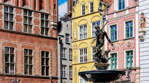 Neptune's Fountain, in the center of Dlugi Targ (the Long Market) in Gdansk, Poland. Statue of Roman god erected in 1549 is a symbol of the city and its most recognizable landmark.