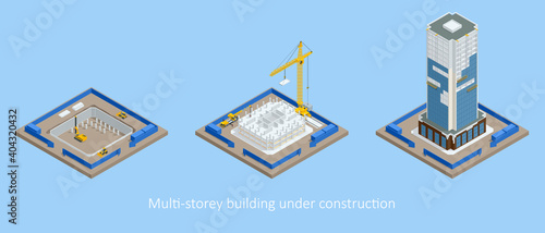 Isometric Skyscraper construction process. Building crane, multi-storey building under construction.