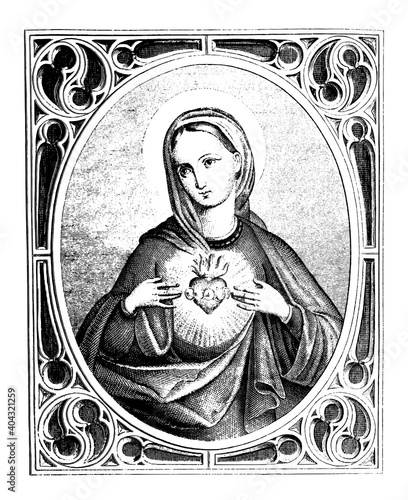 Hearth of Virgin Mary. Christian vintage engraving or line drawing illustration.