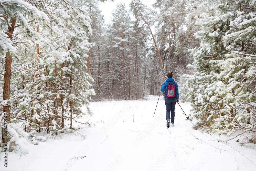 Skier with a backpack and hat with pompom with ski poles in his hands on background of a snowy forest. Cross-country skiing in winter forest, outdoor sports, healthy lifestyle, winter sports tourism.
