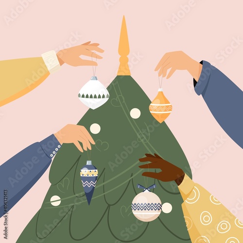 Vector illustration of people hands decorating christmas tree. Holidays card design