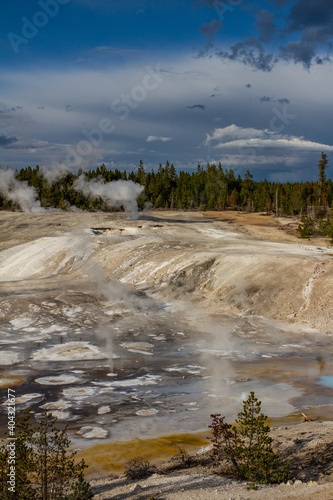 Portrait shot of hot colored water and steam of thermal nature in yellowstone national park in america