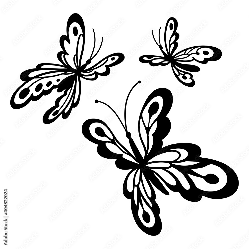 Black outline butterflies vector illustration. Isolated on a white ...