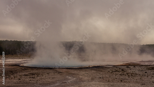 Close up of steaming lagoon in thermal yellowstone national park in america