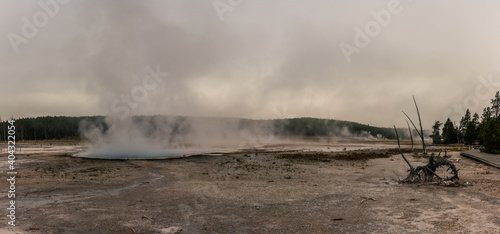 Panorama shot of steaming lagoon in thermal yellowstone national park in america