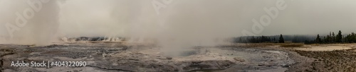 Panorama shot of steaming lagoons in thermal yellowstone national park in america