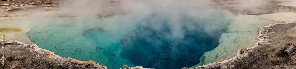 Close up of blue water in thermal lagoon in yellowstone national park in america