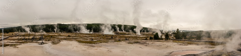 Panorama shot of steaming thermal nature in yellowstone national park in america