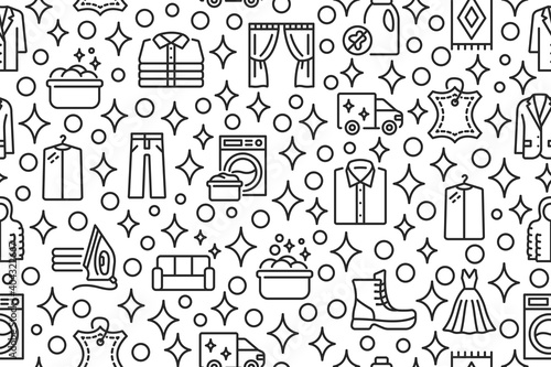 Dry cleaning and laundry seamless pattern with flat line icons