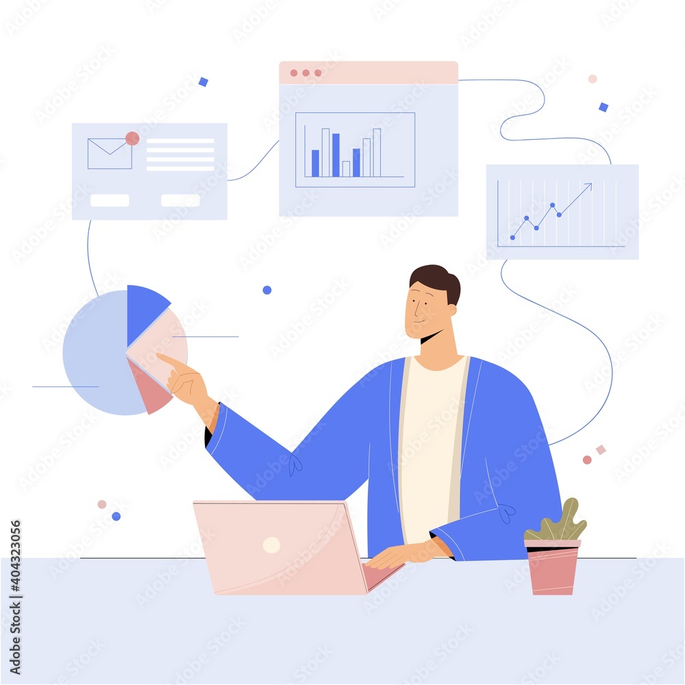 Man doing data analysis and research in the office, preparing report, collecting statistics. Vector illustration Man doing data analysis and research in the office, preparing report, collecting statistics. Vector illustration