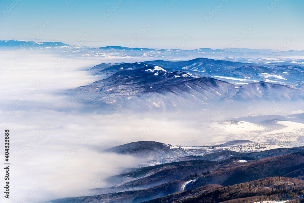 Obraz premium Beautiful Winter Mountain Landscape in Bulgaria with Fog ,Vitosha Mountain