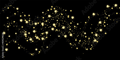 Gold hearts, confetti, fireworks on a black background. Festive background. Abstract texture. Design element. Vector, eps 10.