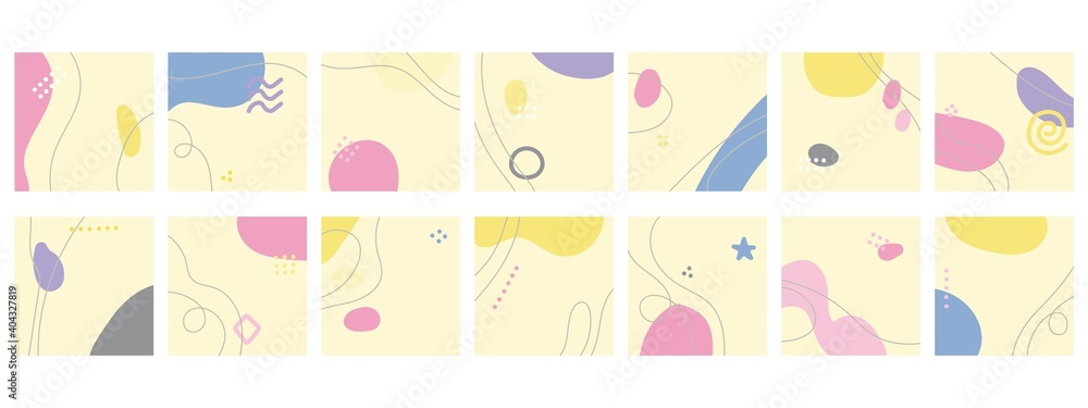 Set of fourteen abstract isolated backgrounds. Hand drawn various shapes and doodle objects. Modern contemporary trendy vector illustration. Delicate pastel colors. Stock illustration. Copy space