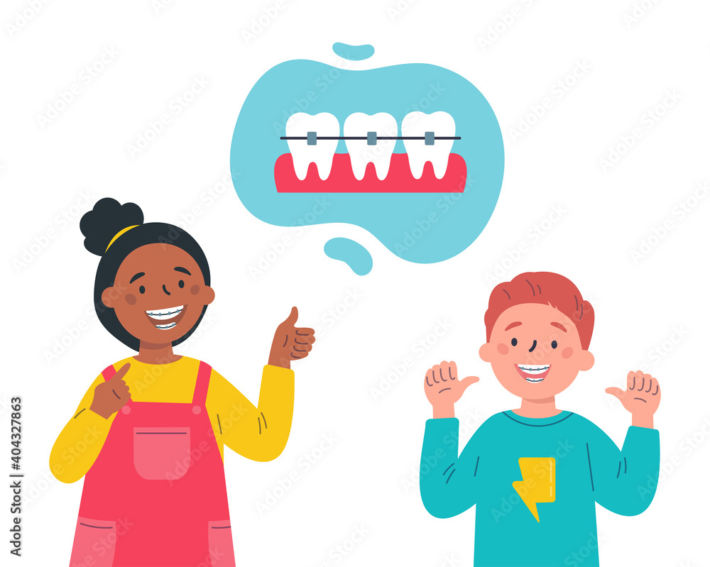 Trendy kids with teeth braces.Dental care.Teenagersr smiling and showing their smile with dental braces.Vector cartoon illustration isolated on white background.Colorful flat style.Character design. Trendy kids with teeth braces.Dental care.Teenagersr smiling and showing their smile with dental braces.Vector cartoon illustration isolated on white background.Colorful flat style.Character design.