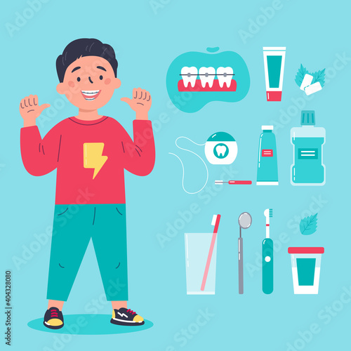 Teenager showing his smile with dental braces. Trendy boy with various accessories for daily dental care.Toothbrush, dental floss, mouthwash, braces, chewing gum. Vector cartoon illustration.