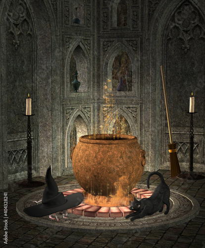 Boiling witch cauldron in a gothic crypt with a black cat