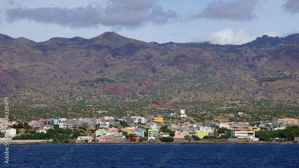 the view of Porto Novo on the island Santo Antao from a ferry, Cabo Verde, in the month of December