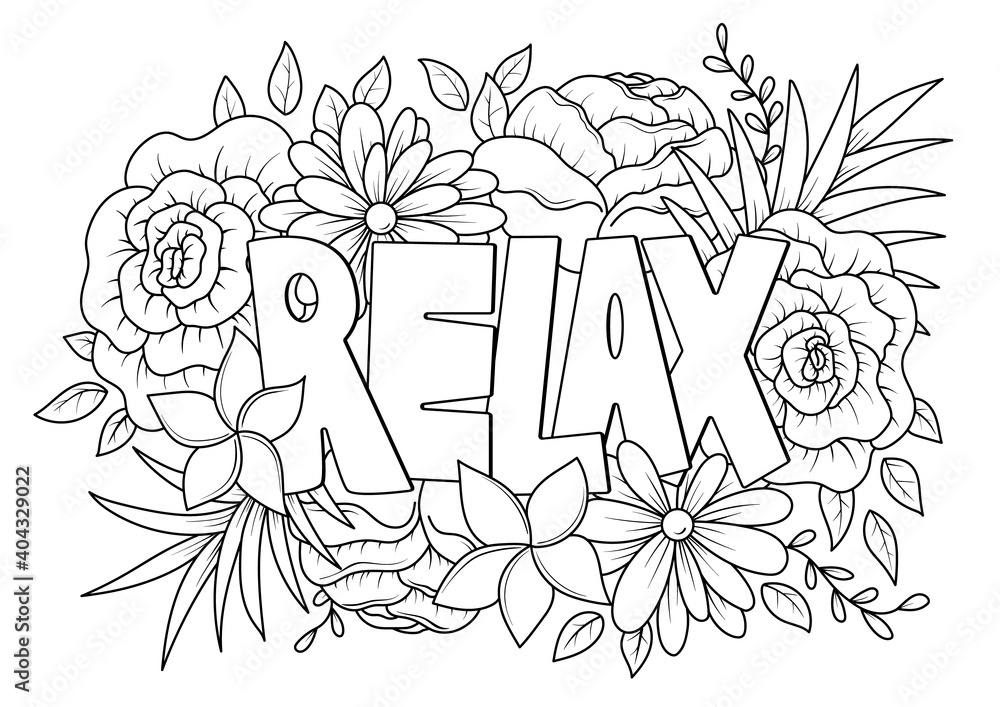 Relax word with floral pattern antistress coloring page for adult in