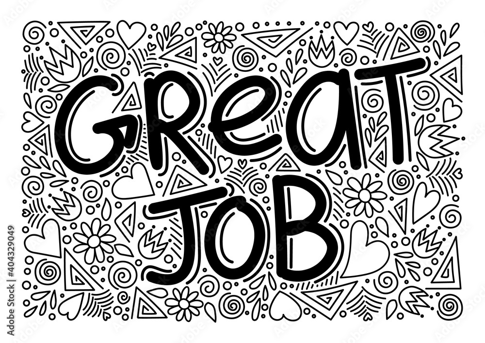 Great job word with doodle pattern antistress coloring page for adult vector illustration