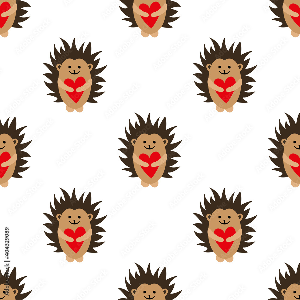 Seamless pattern. A cute hedgehog holds a heart in its paws. The character. Vector illustration for Valentine's Day. Seamless pattern. A cute hedgehog holds a heart in its paws. The character. Vector illustration for Valentine's Day.