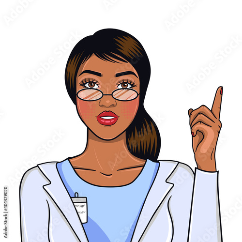 African american nurse isolated on white background. Female hospital worker smiling nad pointing up with hand, pop art vector illustration