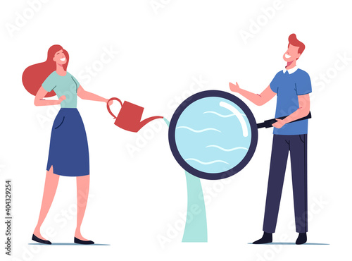 Groundwater or Artesian Water Testing for Extraction Concept. Female Character Pouring Pure Water from Watering Can