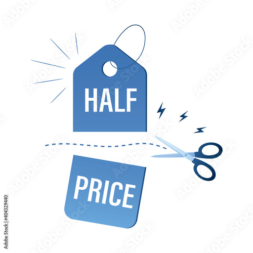 Cut Prices, holiday or seasonal sales. Web page template. Sale and discounts trendy style design. Scissors cut price tag in half.
