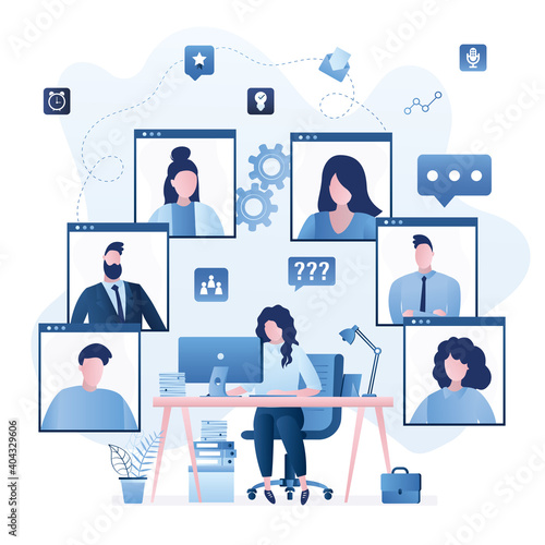 Teamwork, group video conference. Remote negotiations, video call. Technology of online chat.