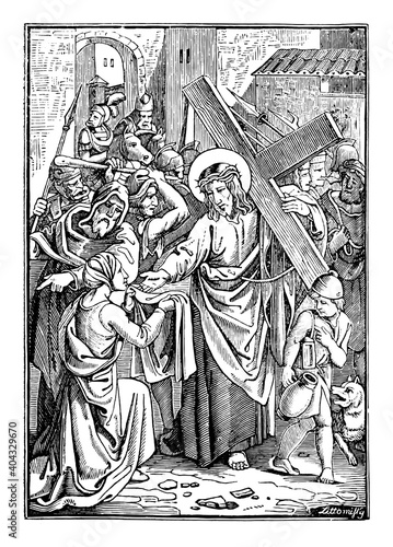 6th or sixth Station of the Cross or Way of the Cross or Via Crucis. Veronica wipes the face of Jesus.Bible,New Testament.Antique vintage biblical religious engraving or drawing.