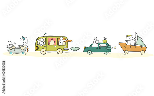 Sketch set with cute cars and people