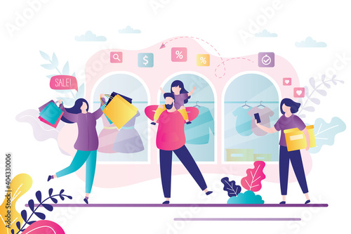 Concept of business and fashion. Family bought lot in mass market at sale. Lady character with many shopping bags.