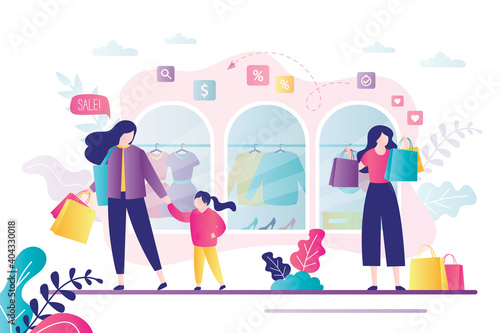 Female character with lot of shopping bags. Shop window with different clothes. Mother and daughter is shopping