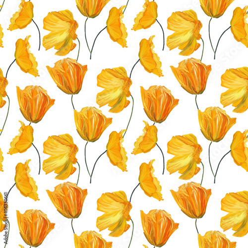 Hand-drawn gouache floral seamless pattern with yellow poppy flowers on white background, Natural repeated print for textile, wallpaper.